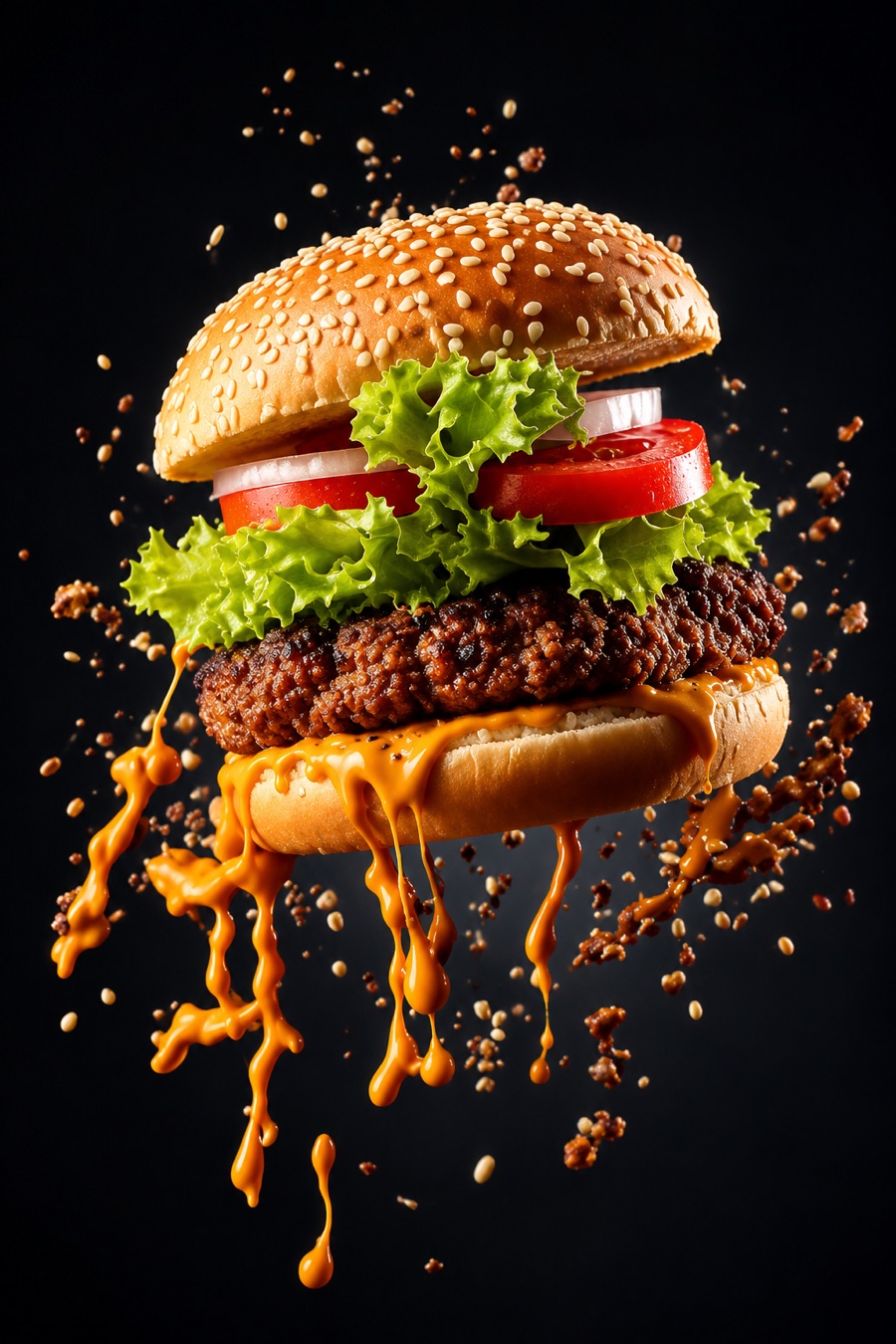 Stackhouse concept: a burger with orange sauce dripping on a black background