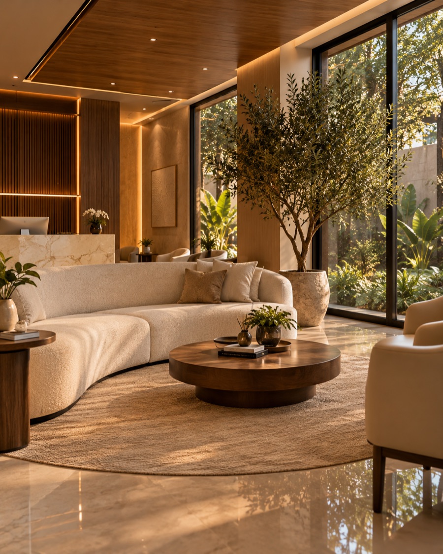 Waiting lounge with a curved cream sofa, an olive tree and garden windows