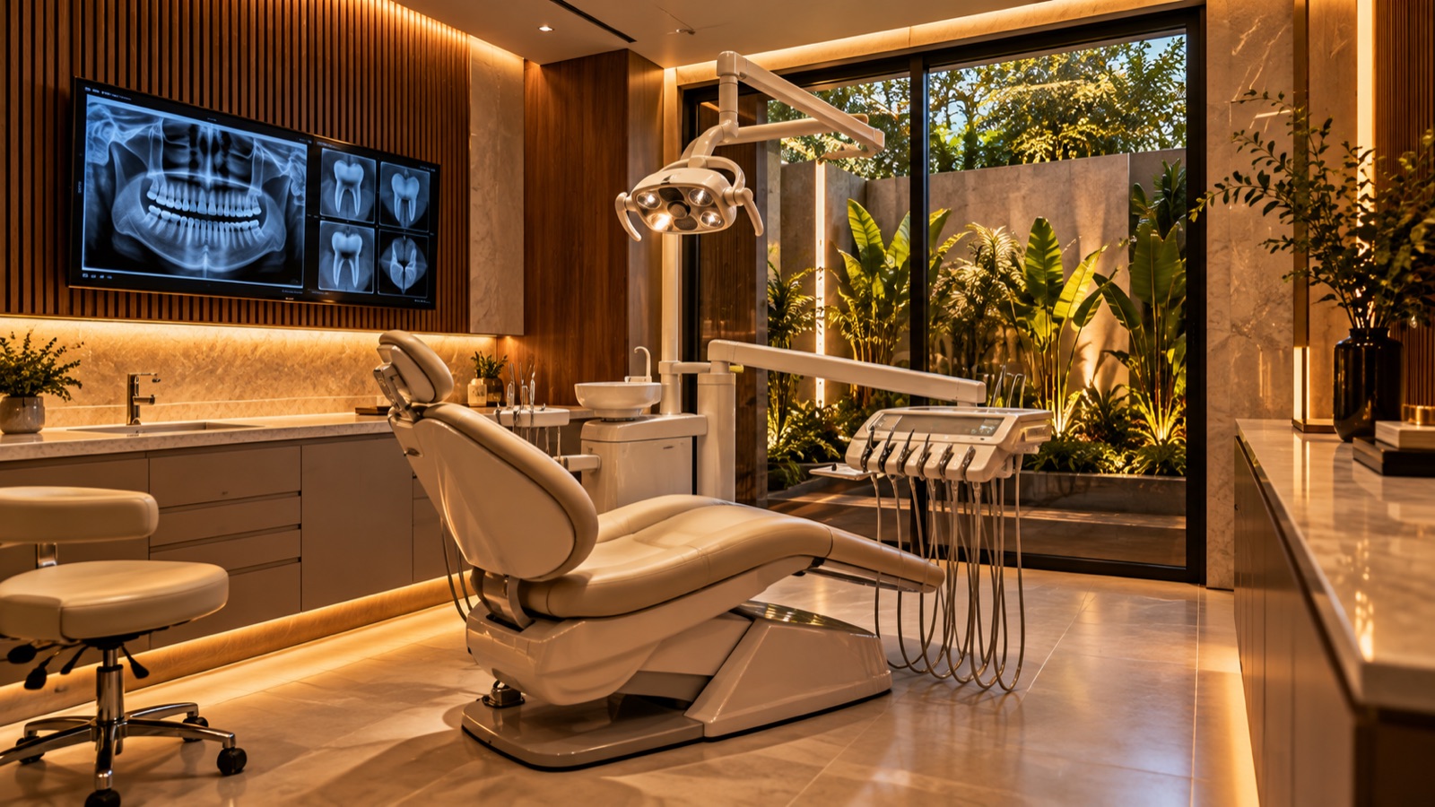 Clareon Dental concept: a calm treatment room with a cream dental chair