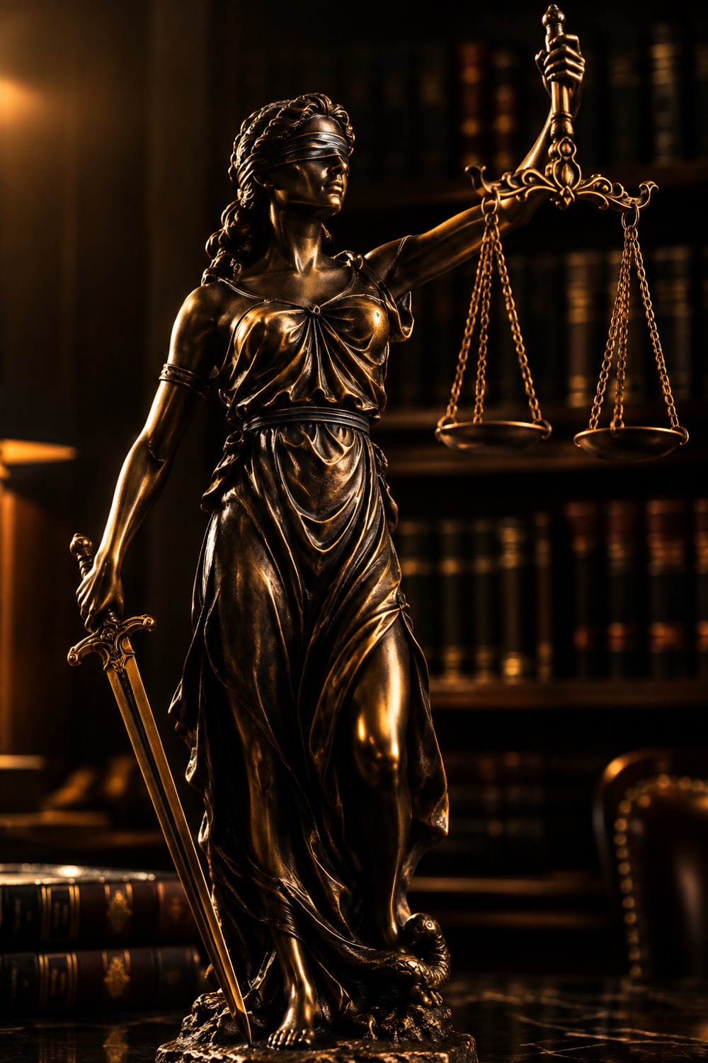 Sterling Harrow concept: bronze statue of Lady Justice in a dark law library